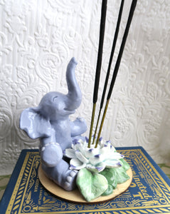Happy Elephant & Lotus Flower Incense Burner Hand sculpted Clay Collectible & Functional Decor