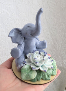 Happy Elephant & Lotus Flower Incense Burner Hand sculpted Clay Collectible & Functional Decor