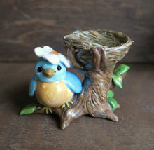 Load image into Gallery viewer, Little Blue Bird and Nest Sphere Holder Hand Sculpted Clay Collectible Sphere Stand