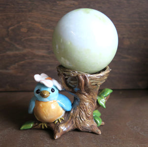 Little Blue Bird and Nest Sphere Holder Hand Sculpted Clay Collectible Sphere Stand