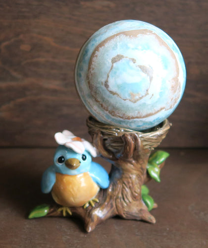 Little Blue Bird and Nest Sphere Holder Hand Sculpted Clay Collectible Sphere Stand