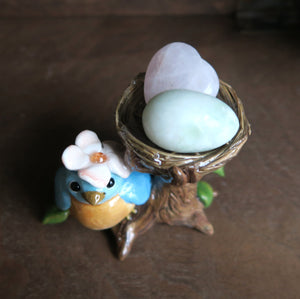 Little Blue Bird and Nest Sphere Holder Hand Sculpted Clay Collectible Sphere Stand