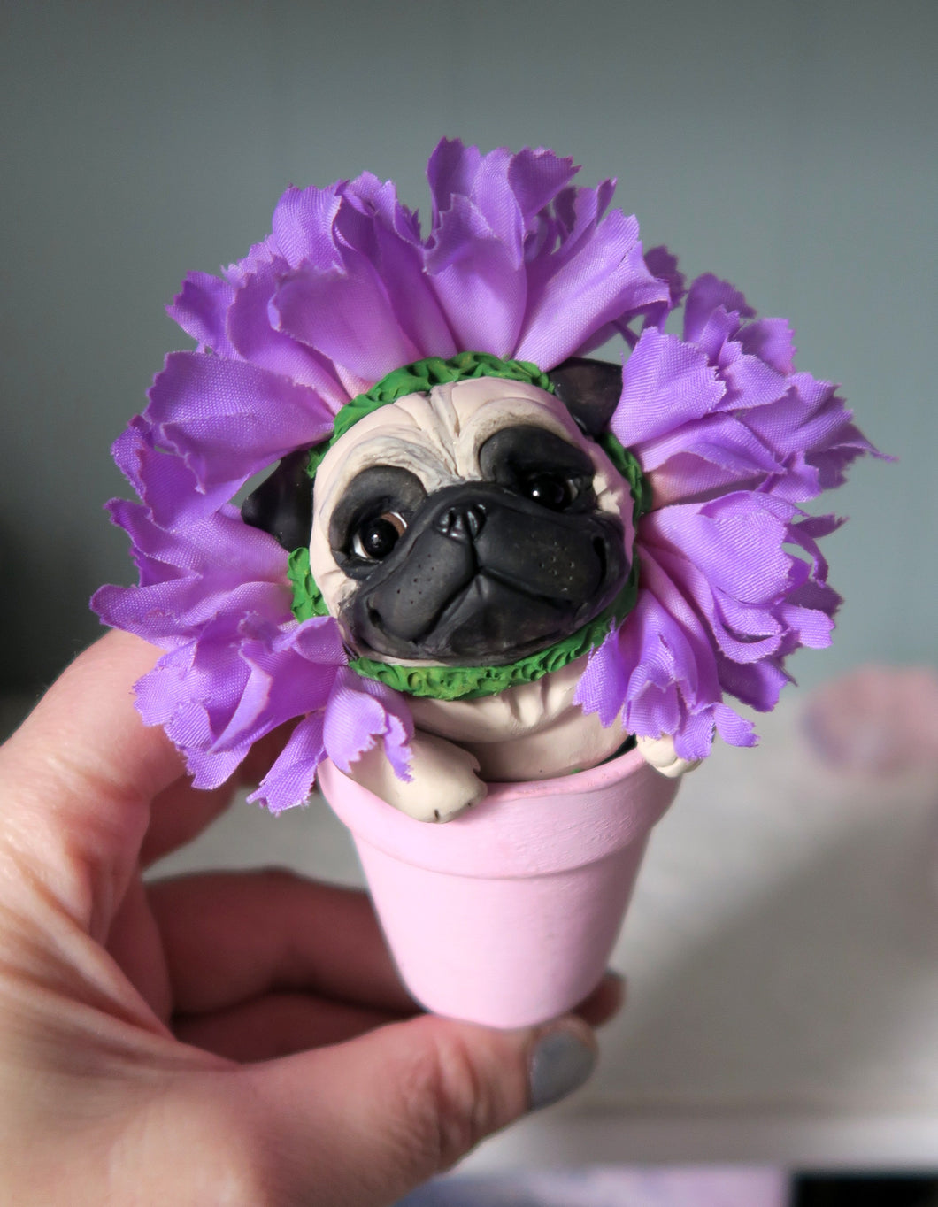 Flower Pot Fawn Pug Hand Sculpted Collectible