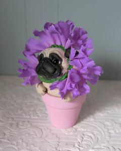 Flower Pot Fawn Pug Hand Sculpted Collectible