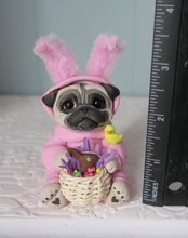 Load image into Gallery viewer, Pink Easter bunny suit Pug with Basket Hand Sculpted Collectible