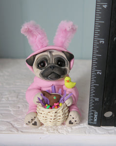 Pink Easter bunny suit Pug with Basket Hand Sculpted Collectible