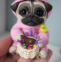 Load image into Gallery viewer, Pink Easter bunny suit Pug with Basket Hand Sculpted Collectible