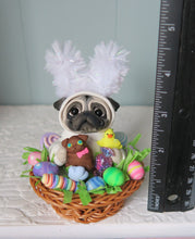 Load image into Gallery viewer, Pug in Easter bunny suit in a Basket full of goodies Hand Sculpted Collectible
