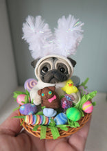 Load image into Gallery viewer, Pug in Easter bunny suit in a Basket full of goodies Hand Sculpted Collectible