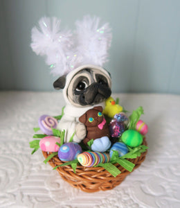 Pug in Easter bunny suit in a Basket full of goodies Hand Sculpted Collectible