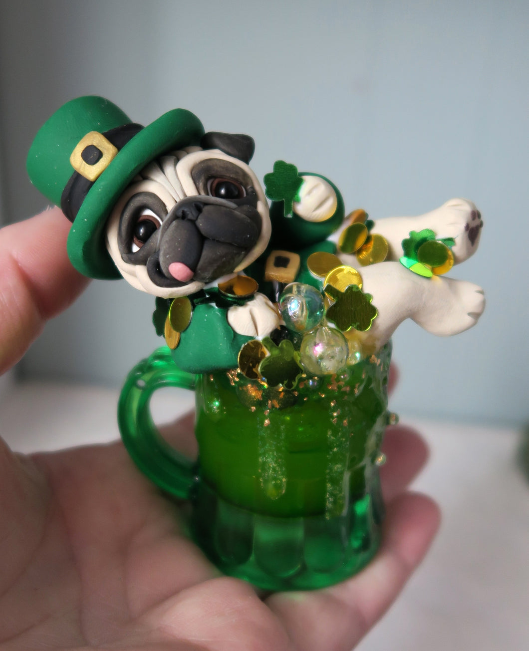 Leprechaun Pug in a Mug St. Patrick's Day Hand Sculpted Collectible