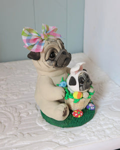 Easter Pug Mom and baby bunny Pug  Hand Sculpted Collectible
