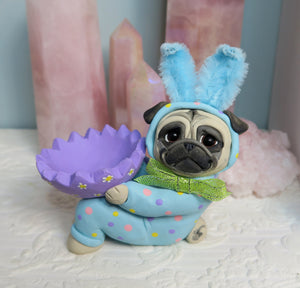 Blue Easter bunny suit Pug -Egg Cup- egg holder -Hand Sculpted Collectible