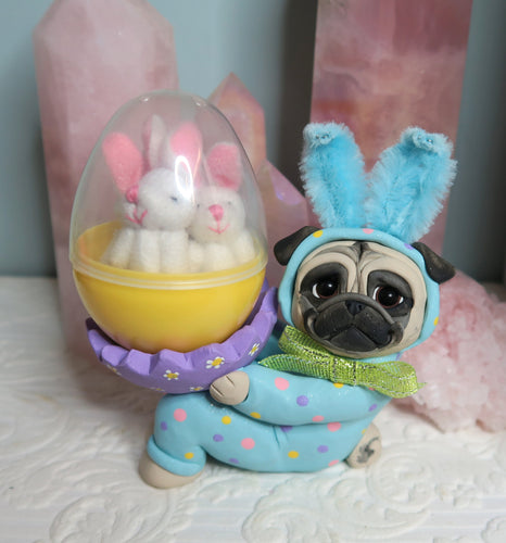 Blue Easter bunny suit Pug -Egg Cup- egg holder -Hand Sculpted Collectible