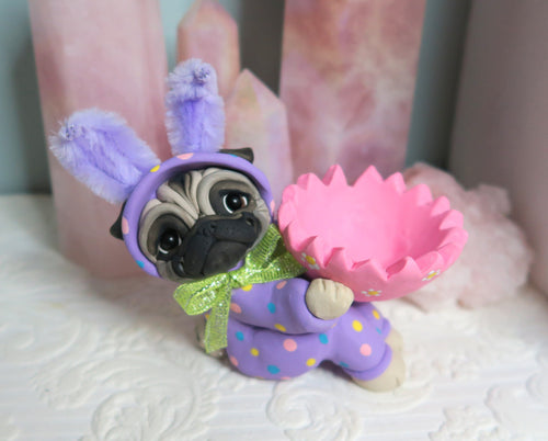 Purple Easter bunny suit Pug -Egg Cup- egg holder -Hand Sculpted Collectible