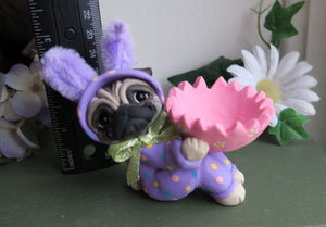 Purple Easter bunny suit Pug -Egg Cup- egg holder -Hand Sculpted Collectible