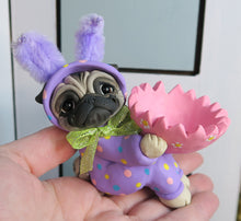 Load image into Gallery viewer, Purple Easter bunny suit Pug -Egg Cup- egg holder -Hand Sculpted Collectible