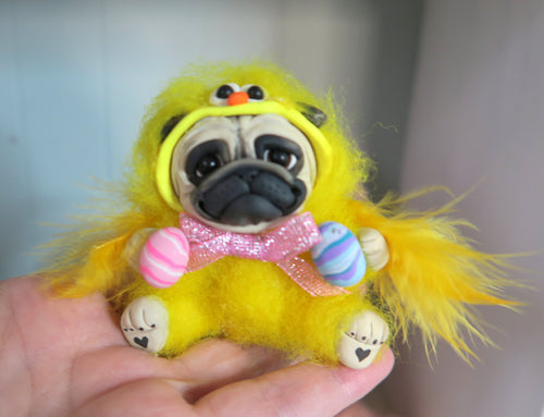 Easter Fuzzy Feathery Pug Chick Hand Sculpted Collectible
