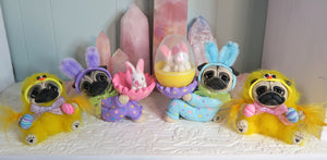 Blue Easter bunny suit Pug -Egg Cup- egg holder -Hand Sculpted Collectible