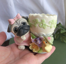 Load image into Gallery viewer, Pug Easter Egg Cup, Porcelain and Clay egg holder -Hand Sculpted Collectible