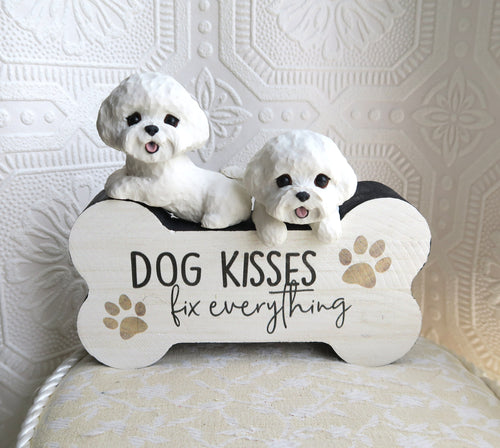 Bichon Frise Dog Kisses Home Decor Bone shaped Sign
