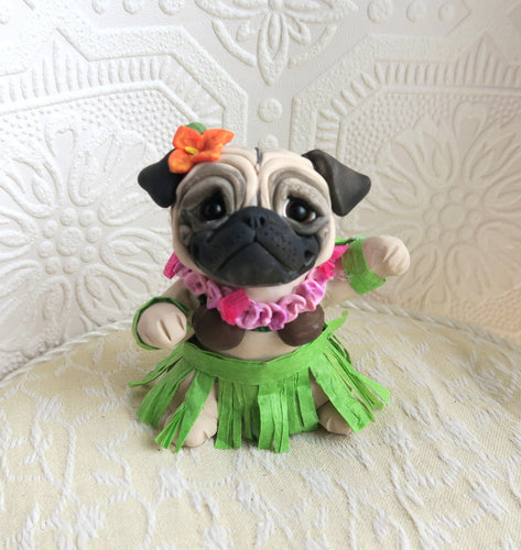 Happy Hula Pug Hand sculpted Clay Collectible