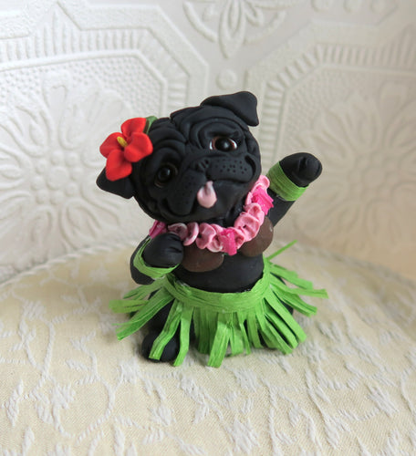 Happy Hula Pug Hand sculpted Clay Collectible
