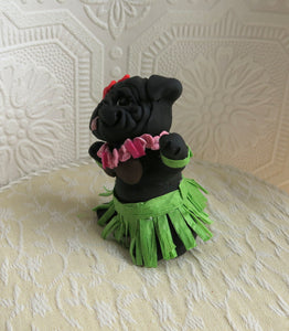 Happy Hula Pug Hand sculpted Clay Collectible