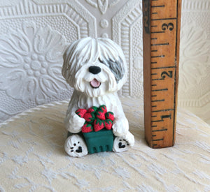Old English Sheepdog with Summer Strawberries Hand sculpted Collectible