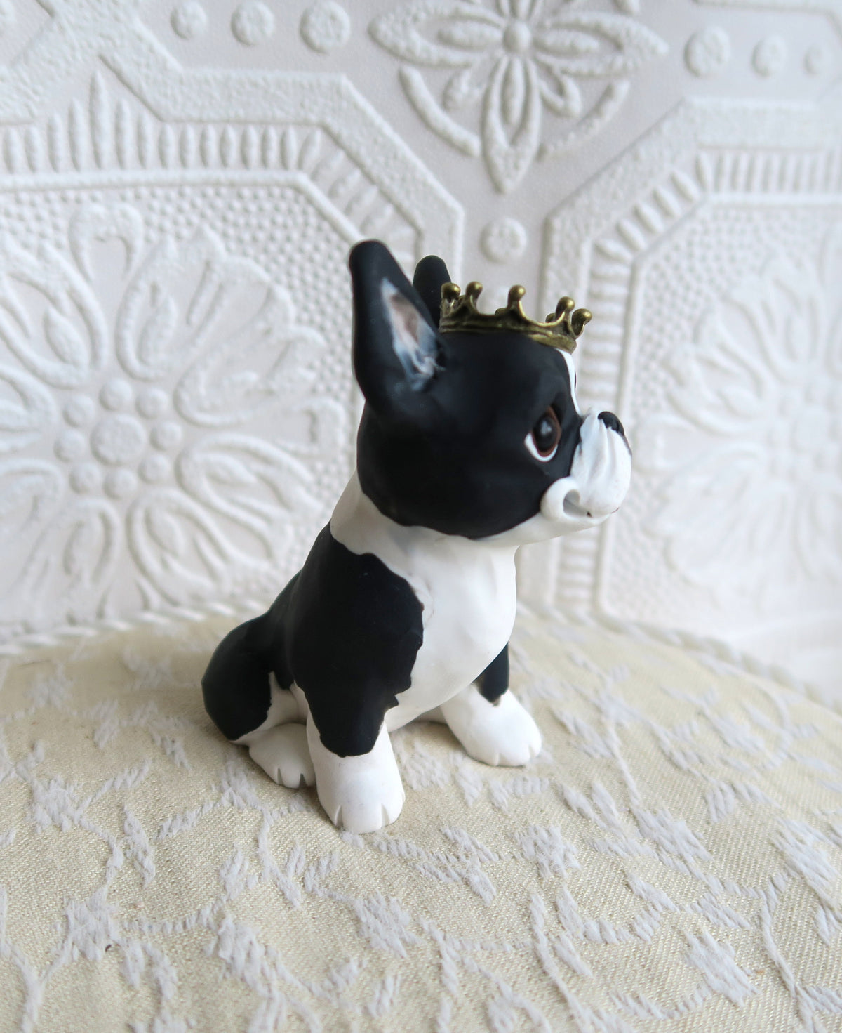 A Royal Boston Terrier Hand sculpted Clay Collectible