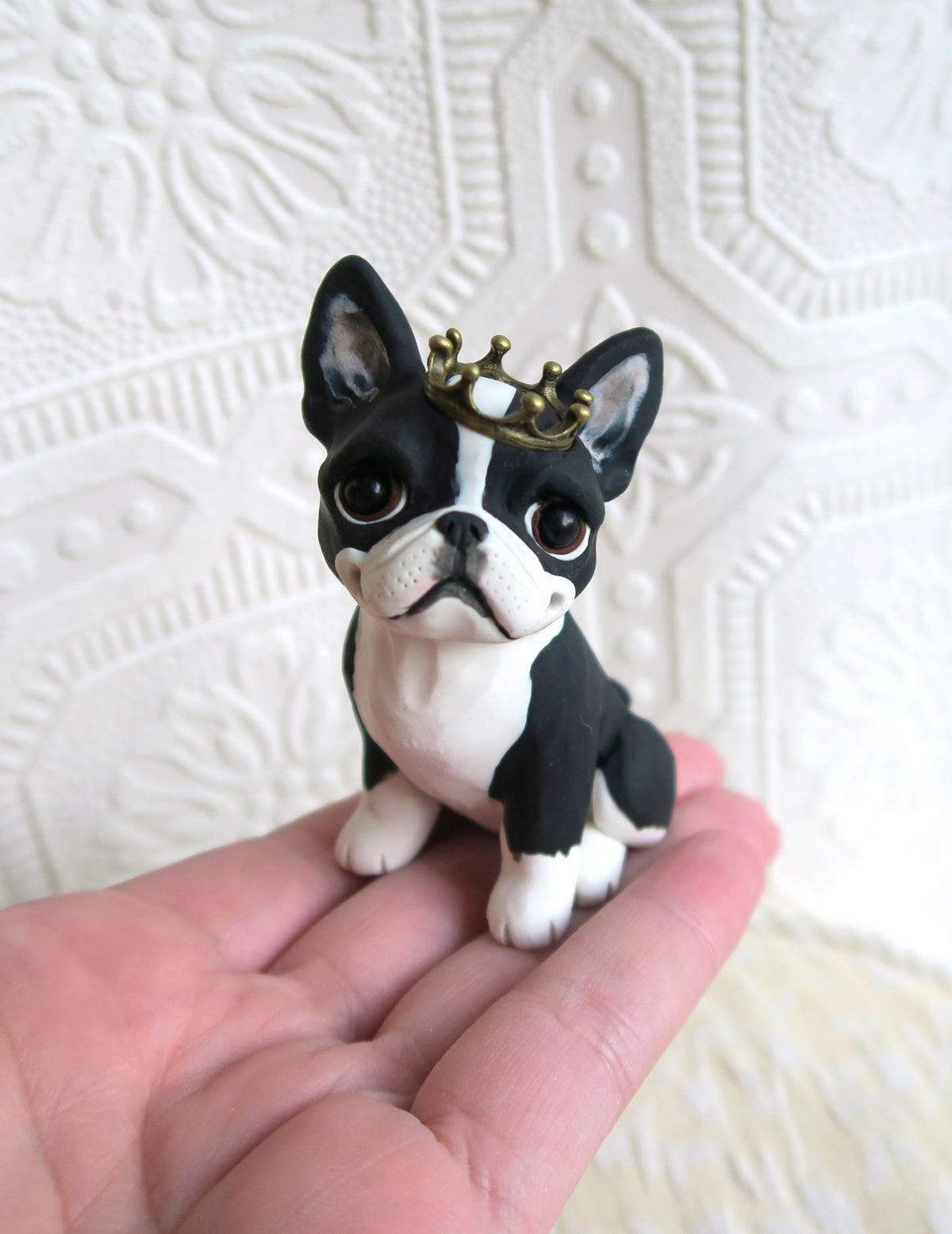 A Royal Boston Terrier Hand sculpted Clay Collectible