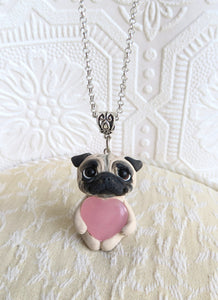 Fawn Pug Love & Healing Rose Quartz pendant necklace