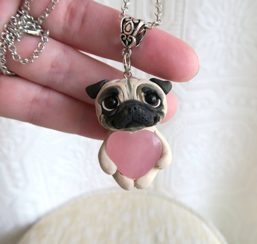 Fawn Pug Love & Healing Rose Quartz pendant necklace