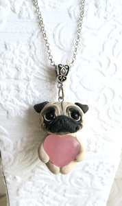 Fawn Pug Love & Healing Rose Quartz pendant necklace