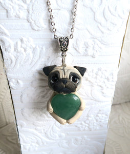 Fawn Pug Love & Energy Green Aventurine Heart pendant necklace