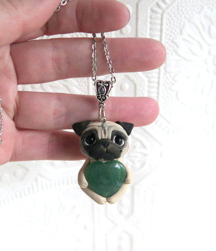 Fawn Pug Love & Energy Green Aventurine Heart pendant necklace