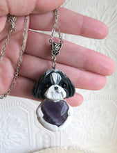 Load image into Gallery viewer, Shih Tzu Love &amp; Healing Purple Aythest heart pendant necklace