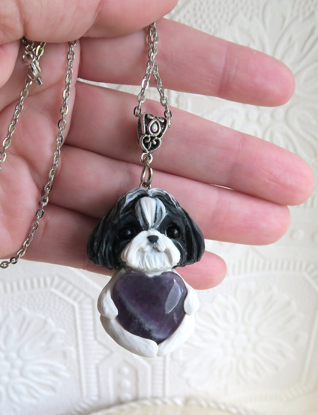 Shih Tzu Love & Healing Purple Aythest heart pendant necklace