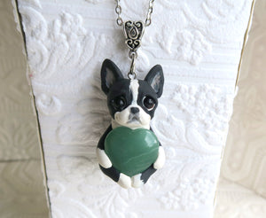 Boston Terrier Love & Energy Green Aventurine Heart pendant necklace